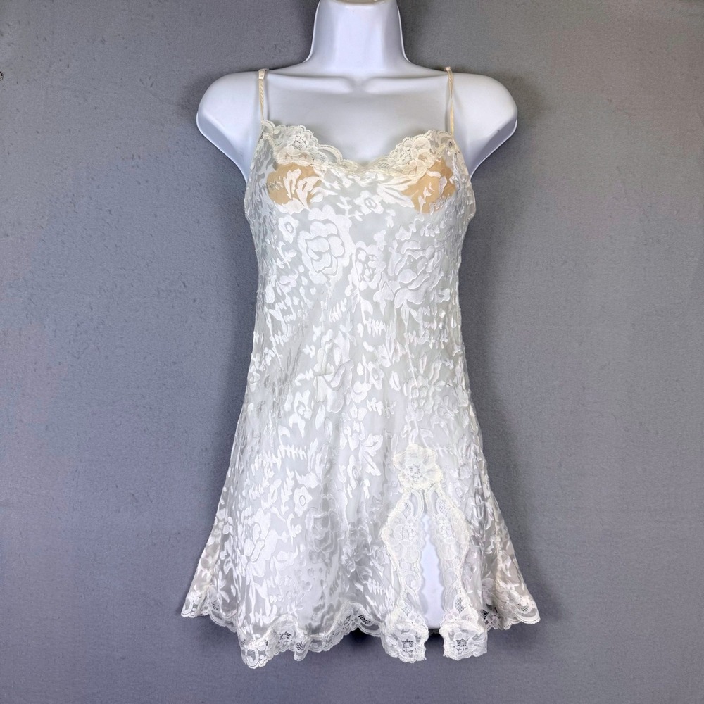 Silk Blend Floral Burnout Lace Trim Chemise White/Cream Mary Green Y2K Fairycore